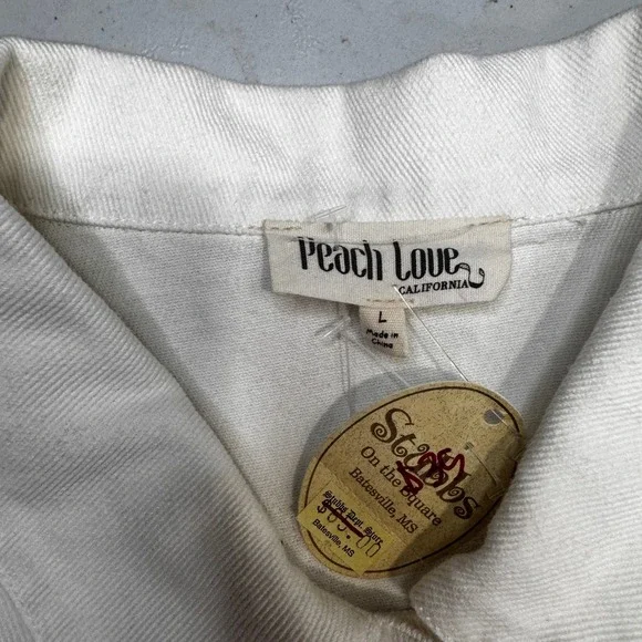 Peach Love California Bride Denim Jacket Womens L White Sequin Fringe Cropped - Picture 6 of 11